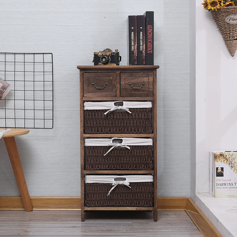 Traditional Vintage Rectangle Cube Paulownia Wood Rope Weaving Storage Cabinet 3/4/5 - Tier For Living Room