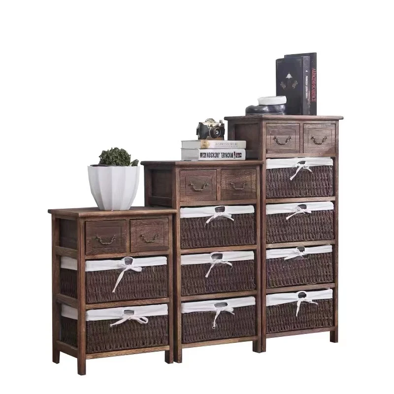 Traditional Vintage Rectangle Cube Paulownia Wood Rope Weaving Storage Cabinet 3/4/5 - Tier For Living Room