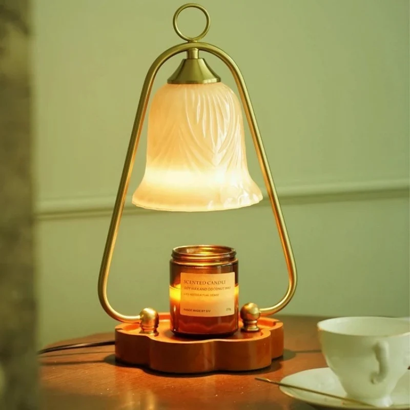 Contemporary Retro Glass Wood Iron Flower 1-Light Melting Wax Table Lamp For Bedroom