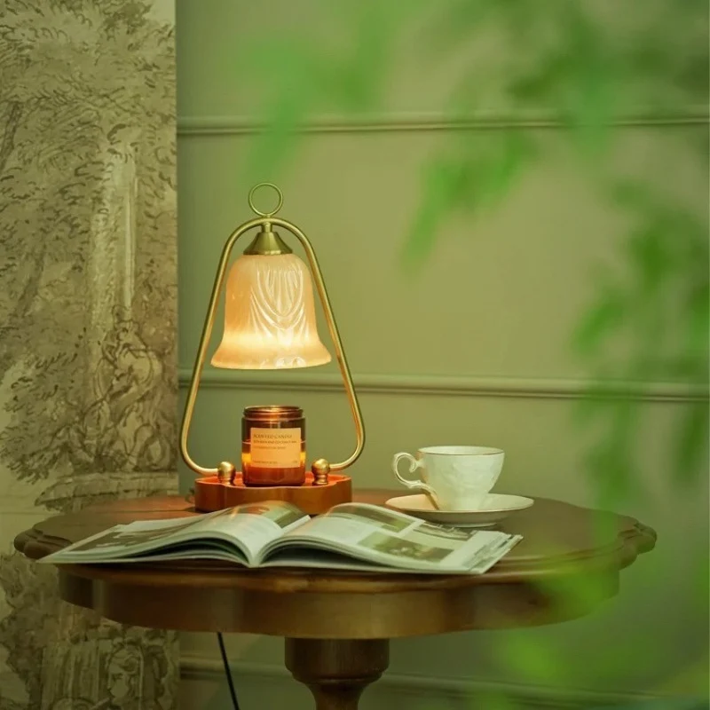Contemporary Retro Glass Wood Iron Flower 1-Light Melting Wax Table Lamp For Bedroom