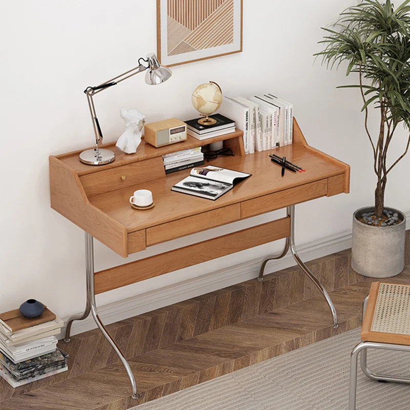 Contemporary Scandinavian Pine Wood Cherry Wood Stainless Steel Rectangular Curved Desk 3-Drawer For Bedroom