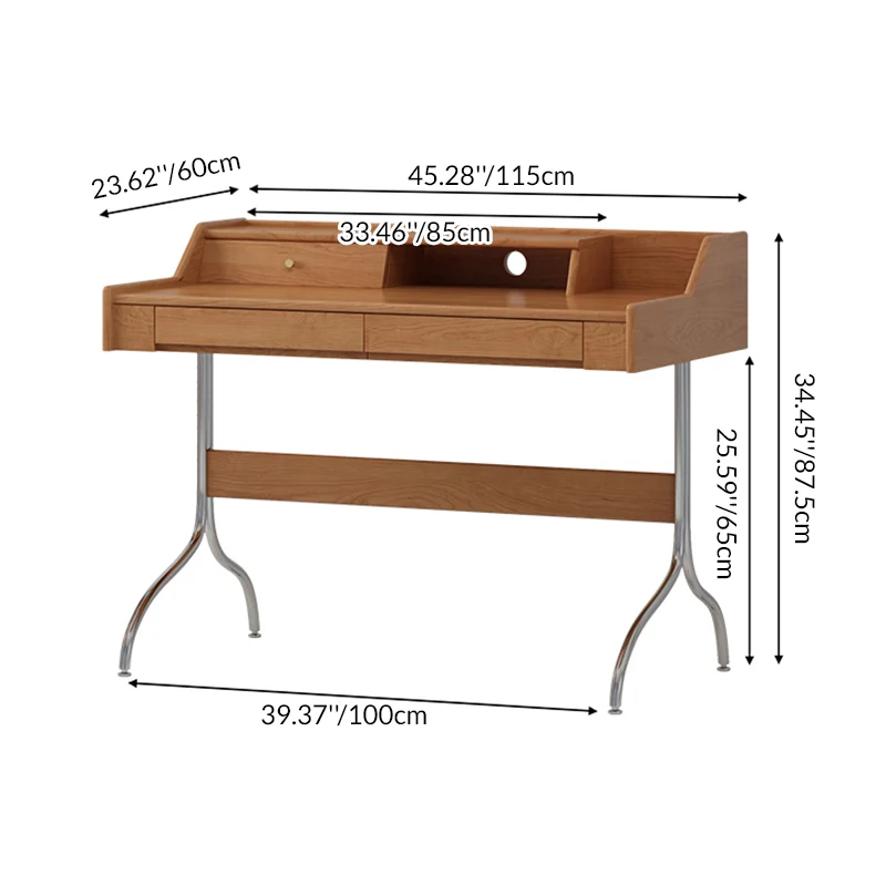 Contemporary Scandinavian Pine Wood Cherry Wood Stainless Steel Rectangular Curved Desk 3-Drawer For Bedroom