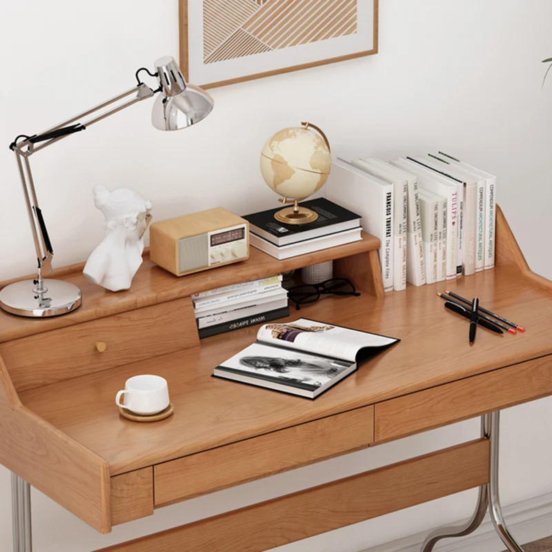 Contemporary Scandinavian Pine Wood Cherry Wood Stainless Steel Rectangular Curved Desk 3-Drawer For Bedroom