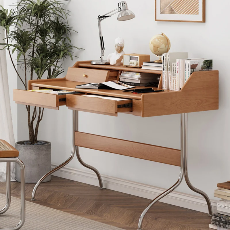 Contemporary Scandinavian Pine Wood Cherry Wood Stainless Steel Rectangular Curved Desk 3-Drawer For Bedroom