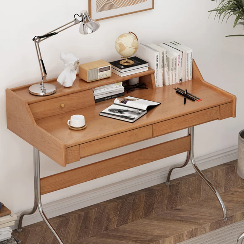 Contemporary Scandinavian Pine Wood Cherry Wood Stainless Steel Rectangular Curved Desk 3-Drawer For Bedroom