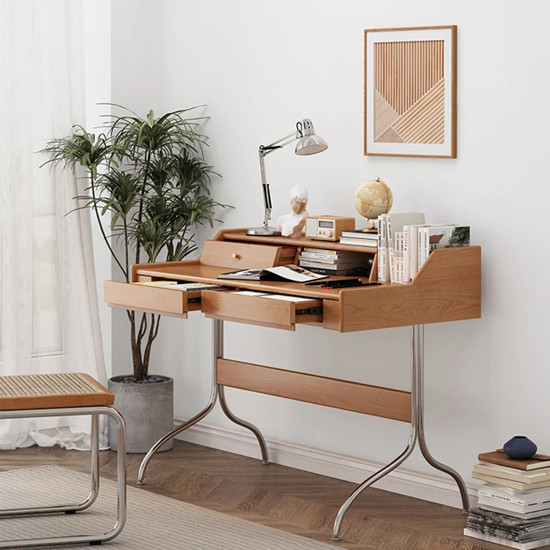 Contemporary Scandinavian Pine Wood Cherry Wood Stainless Steel Rectangular Curved Desk 3-Drawer For Bedroom