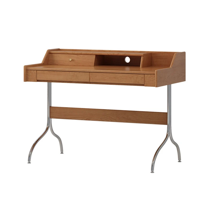 Contemporary Scandinavian Pine Wood Cherry Wood Stainless Steel Rectangular Curved Desk 3-Drawer For Bedroom