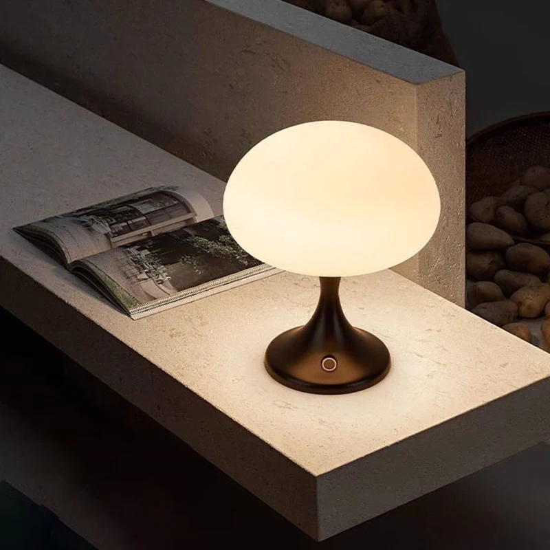 Contemporary Nordic Rechargeable Round Jellyfish Metal Glass LED Night Light Table Lamp For Bedroom