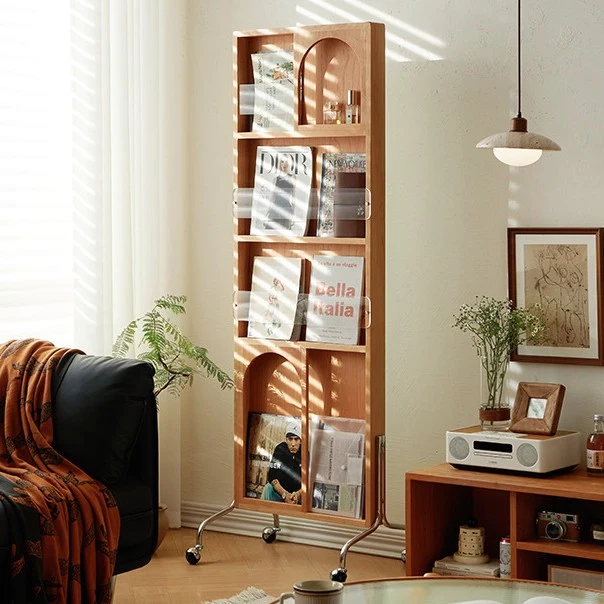 Contemporary Nordic Rectangular Cherry Wood Glass Acrylic Solid Wood Plywood Stainless Steel Full-Length Mirror Bookshelf 4-Tier For Bedroom