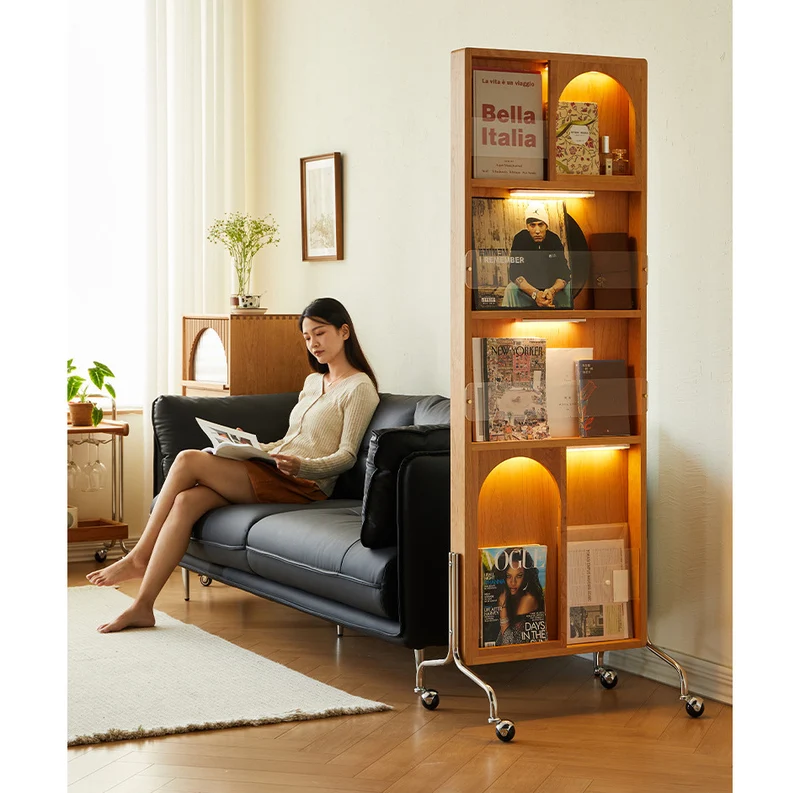 Contemporary Nordic Rectangular Cherry Wood Glass Acrylic Solid Wood Plywood Stainless Steel Full-Length Mirror Bookshelf 4-Tier For Bedroom