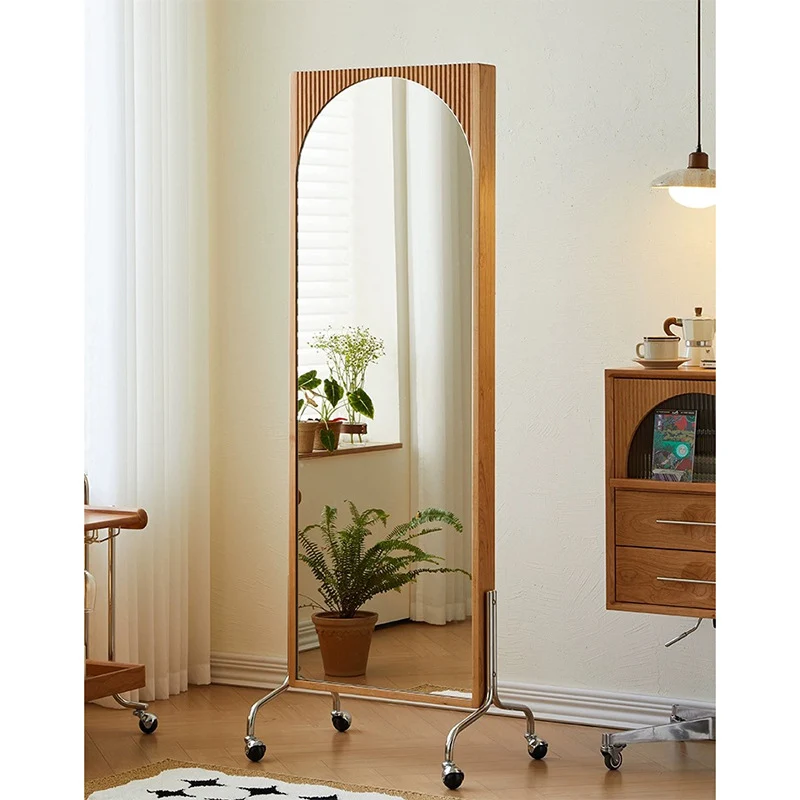 Contemporary Nordic Rectangular Cherry Wood Glass Acrylic Solid Wood Plywood Stainless Steel Full-Length Mirror Bookshelf 4-Tier For Bedroom
