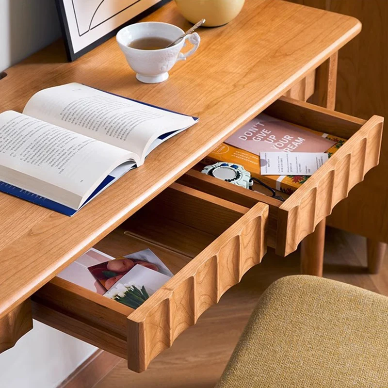 Contemporary Nordic Rectangular Cherry Wood Solid Wood Plywood Desks 2-Drawers For Home Office
