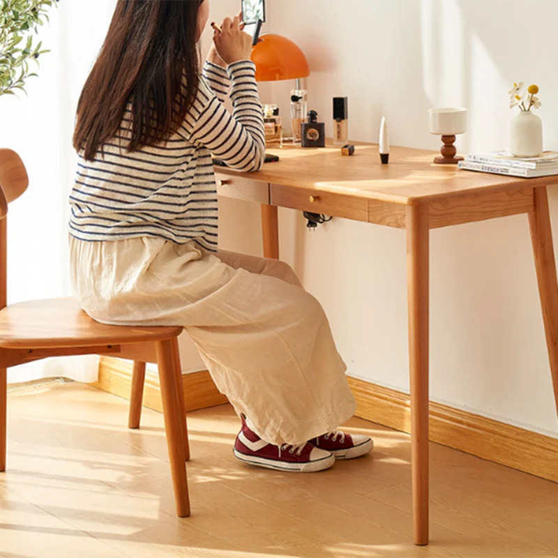 Contemporary Nordic Rectangular Cherry Wood Solid Wood Plywood Desks 1/2-Drawers For Home Office