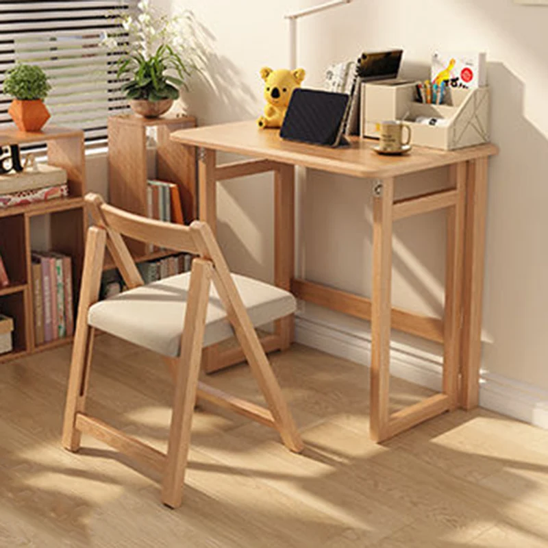 Modern Simplicity Rubber Wood Hardware Rectangular Foldable Desk & Chair Set For Study