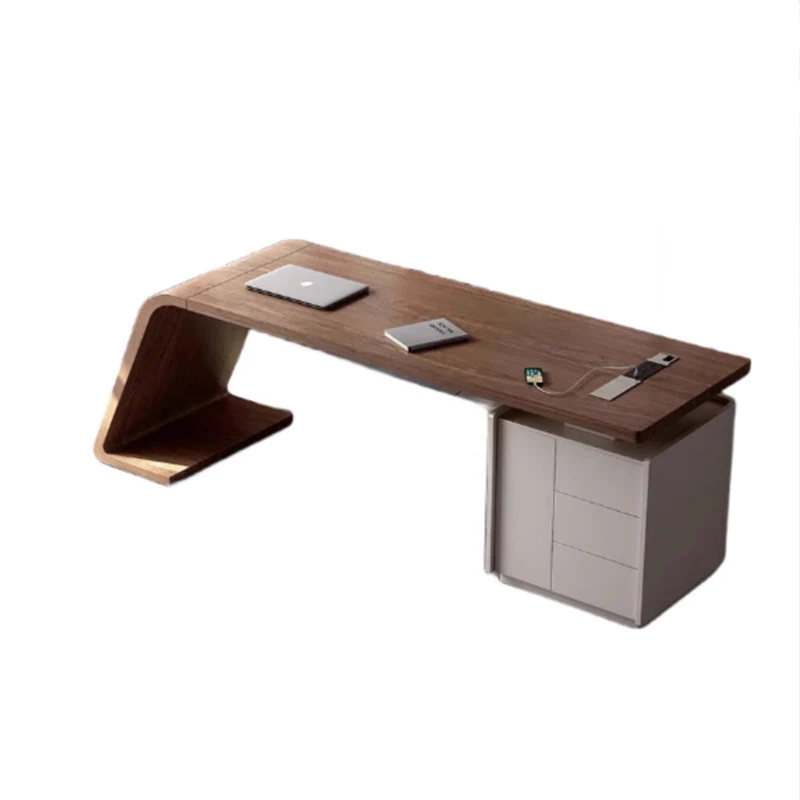 Modern Minimalist Trapezoidal Solid Wood Plywood Desks 3-Drawer For Home Office