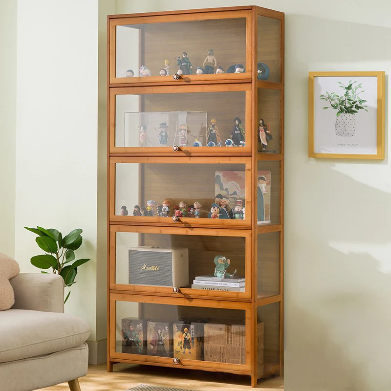 Traditional Chinese Bamboo Acrylic Rectangular Storage Shelf 4/5-Tier For Living Room