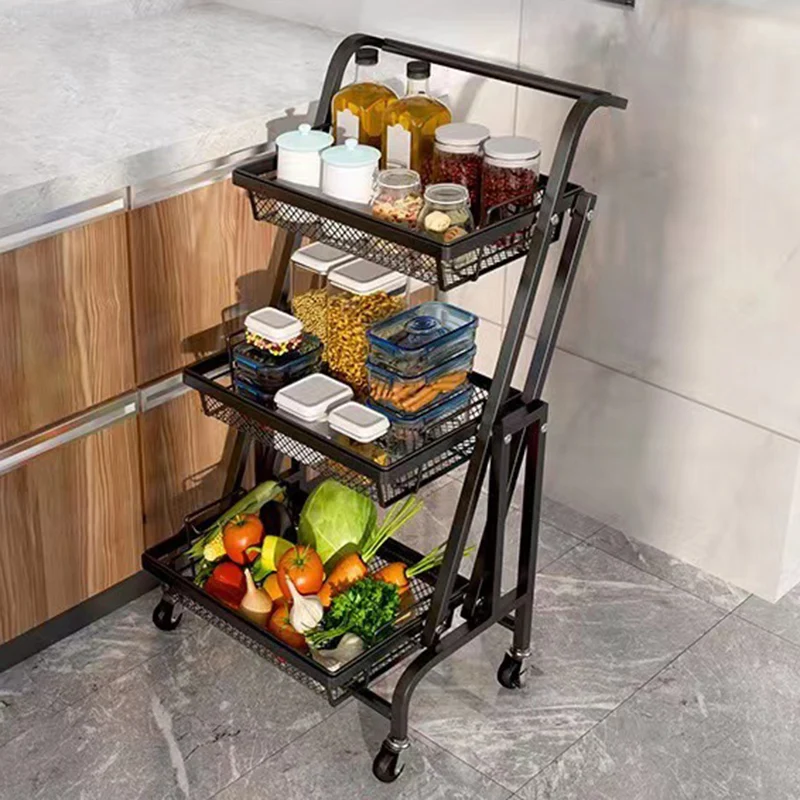 Modern Minimalist Carbon Steel Curved Square Mobile Storage Shelf 3-Tier For Living Room