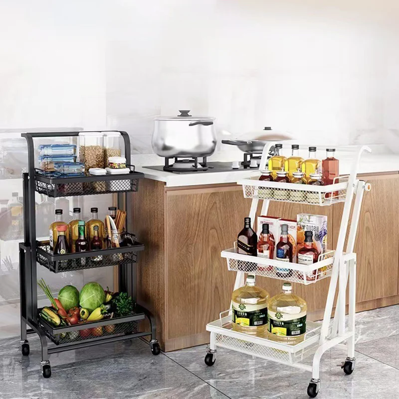 Modern Minimalist Carbon Steel Curved Square Mobile Storage Shelf 3-Tier For Living Room