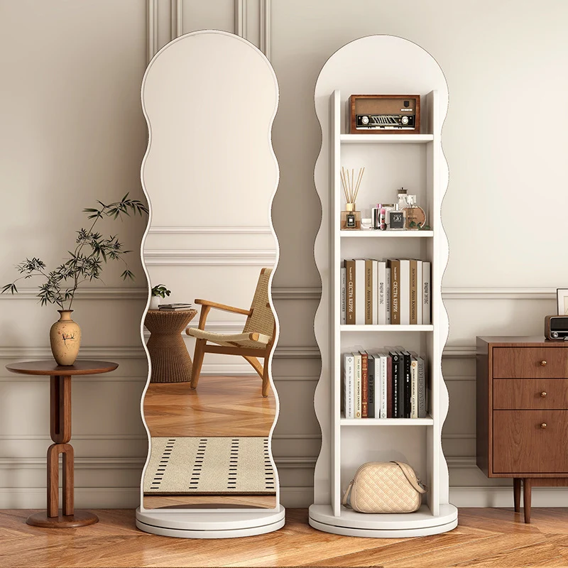 Contemporary Scandinavian Wavy Medium-Density Fiberboard Glass Full-Length Mirror Bookshelf 5-Tier For Bedroom