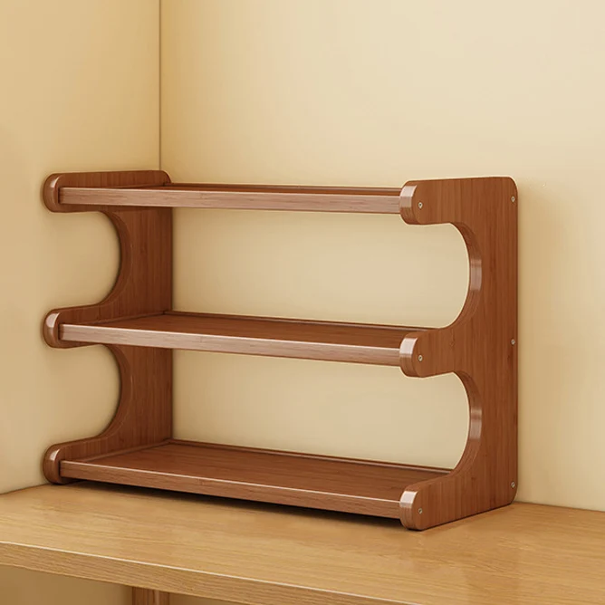 Traditional Chinese MDF & Nan Bamboo Rectangular E-Shaped Bookshelf Storage Shelf With 2/3/4 Tiers For Living Room & Bedroom