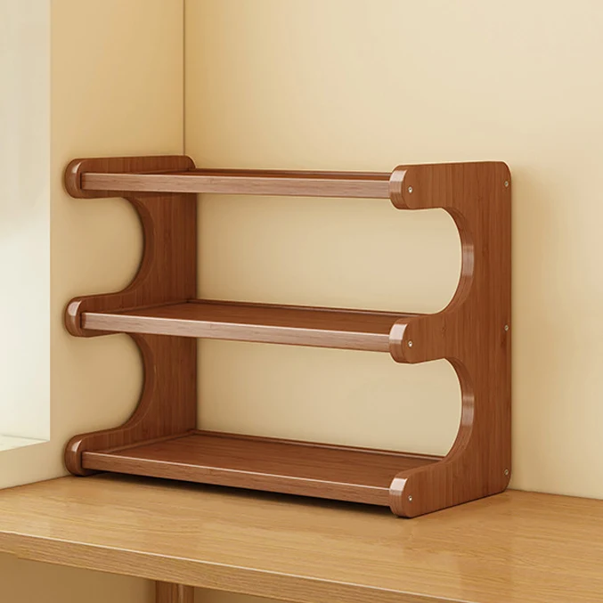 Traditional Chinese MDF & Nan Bamboo Rectangular E-Shaped Bookshelf Storage Shelf With 2/3/4 Tiers For Living Room & Bedroom