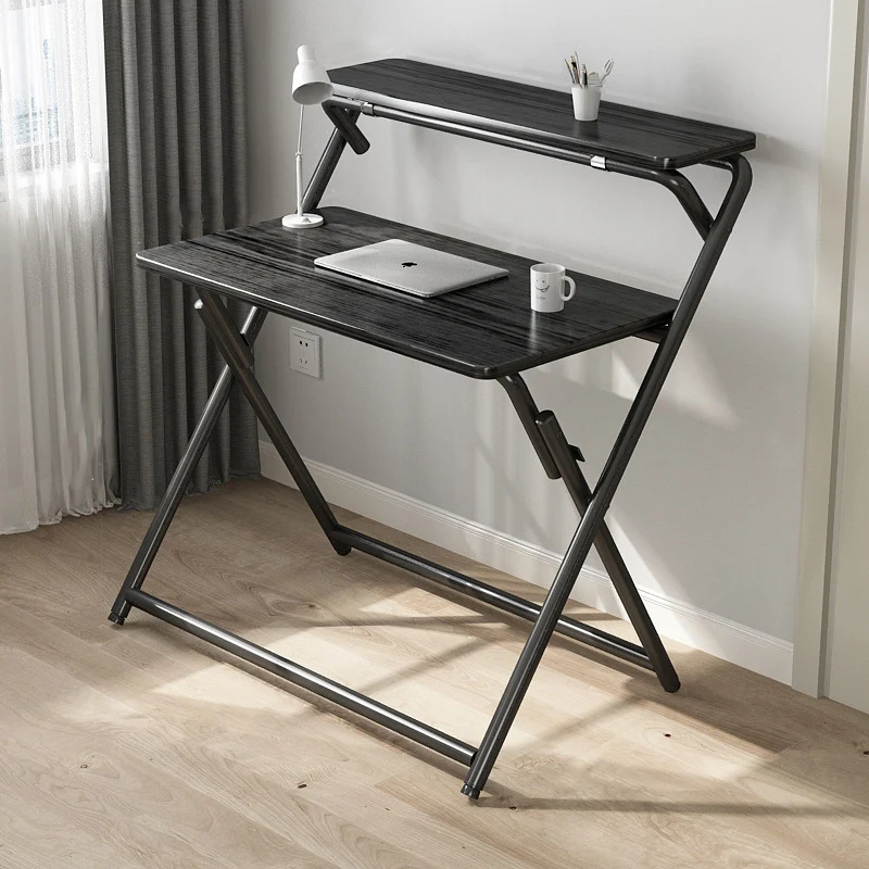 Modern Minimalist MDF Iron Rectangular Foldable Desk With 2 Tiers For Home Office And Study