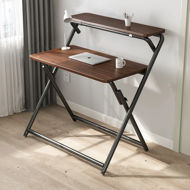 Modern Minimalist MDF Iron Rectangular Foldable Desk With 2 Tiers For Home Office And Study