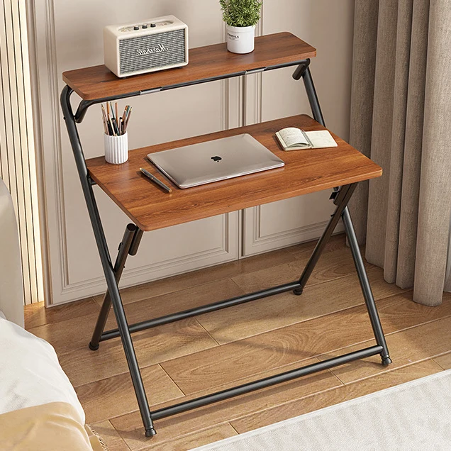 Modern Minimalist MDF Iron Rectangular Foldable Desk With 2 Tiers For Home Office And Study