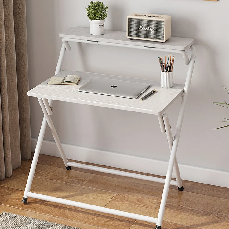 Modern Minimalist MDF Iron Rectangular Foldable Desk With 2 Tiers For Home Office And Study