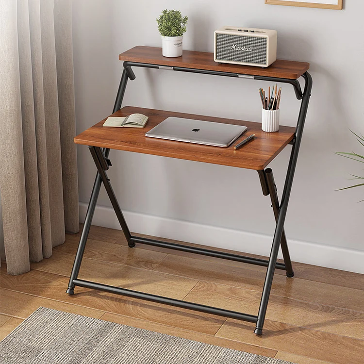 Modern Minimalist MDF Iron Rectangular Foldable Desk With 2 Tiers For Home Office And Study
