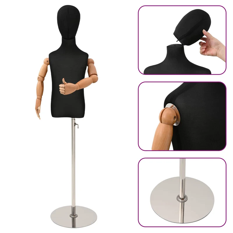 Mannequin Ajustável de 120-150 cm com Base Unisexo PP Preto