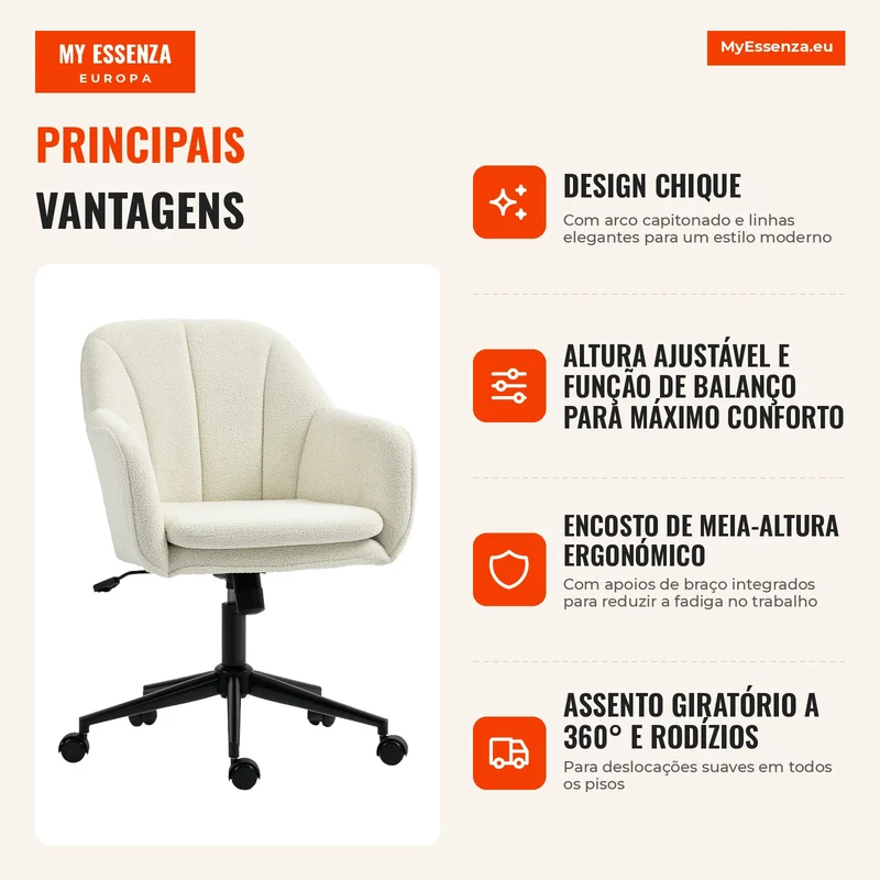 Cadeira de escritório, poltrona de escritório ergonómica com altura regulável, assento giratório, função de balanço, bege