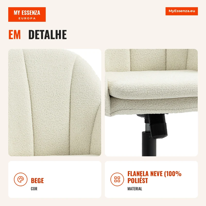 Cadeira de escritório, poltrona de escritório ergonómica com altura regulável, assento giratório, função de balanço, bege