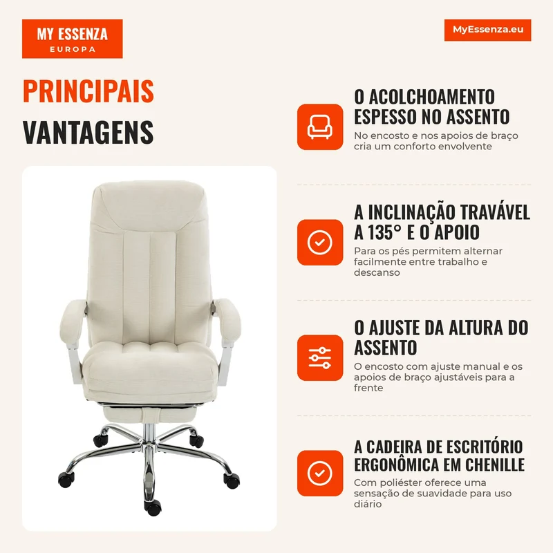 Cadeira de Escritório Ergonômica Poltrona Reclinável em Chenille Altura Ajustável Apoio para Pés Creme