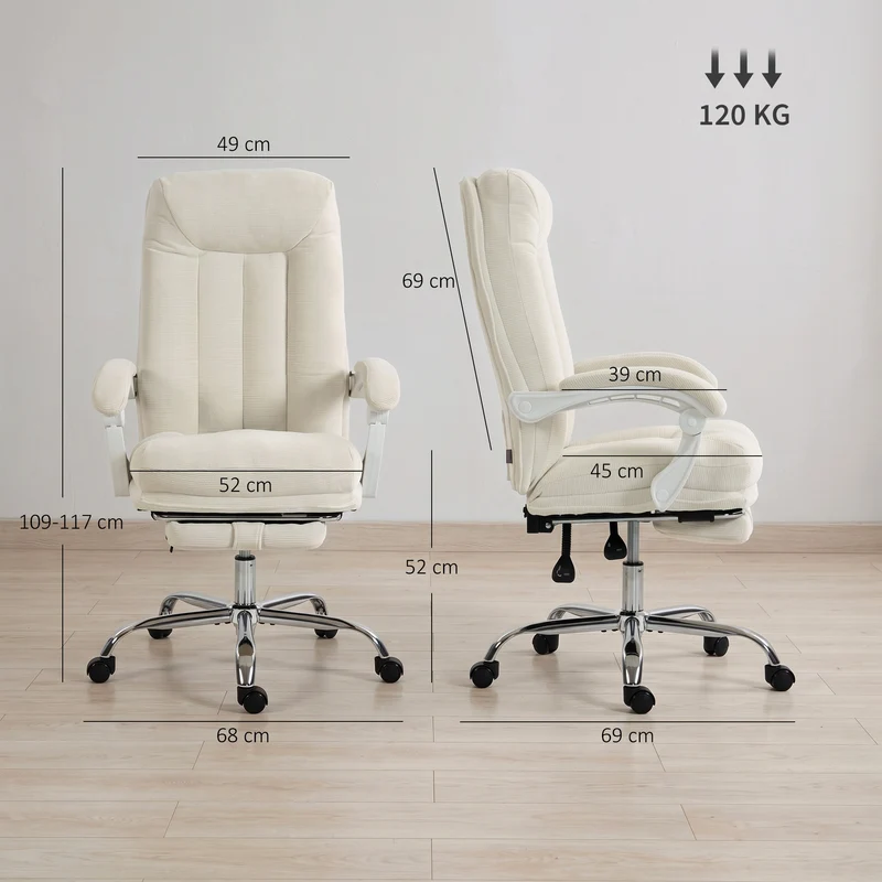 Cadeira de Escritório Ergonômica Poltrona Reclinável em Chenille Altura Ajustável Apoio para Pés Creme