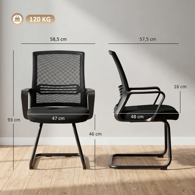 Conjunto de 2 Cadeiras de Escritório Ergonômicas sem Rodízios Cadeiras de Conferência Estofadas com Estrutura em Cavalete para Salas de Espera e Recepção Preto