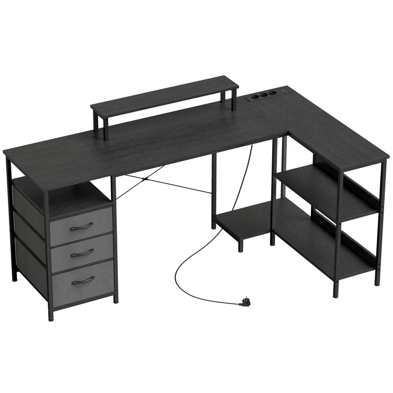 Mesa em Forma de L Escrivaninha de Canto Reversível com Gavetas e Prateleiras 170 cm Preto