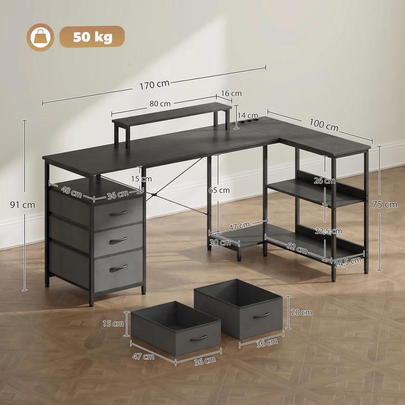 Mesa em Forma de L Escrivaninha de Canto Reversível com Gavetas e Prateleiras 170 cm Preto