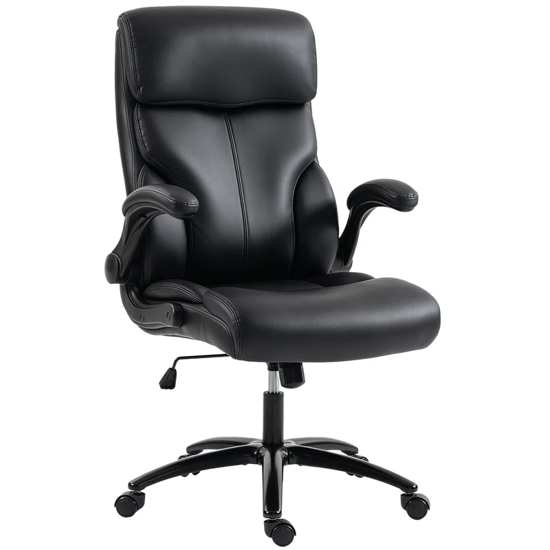 Cadeira de Escritório Ergonómica com Apoios de Braço Eleváveis, Poltrona de Escritório em PU, Altura Regulável, Função de Balanço, Preto