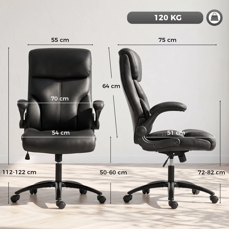 Cadeira de Escritório Ergonómica com Apoios de Braço Eleváveis, Poltrona de Escritório em PU, Altura Regulável, Função de Balanço, Preto