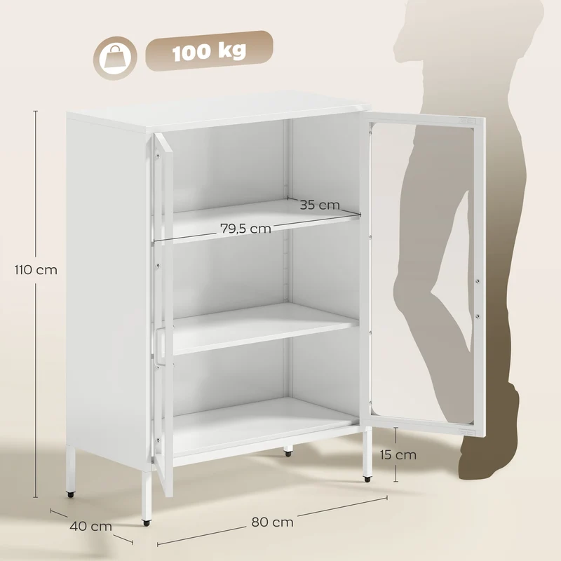 Móvel Porta Documentos em Aço com 2 Portas de Vidro e Prateleiras Reguláveis 80x40x110 cm Branco