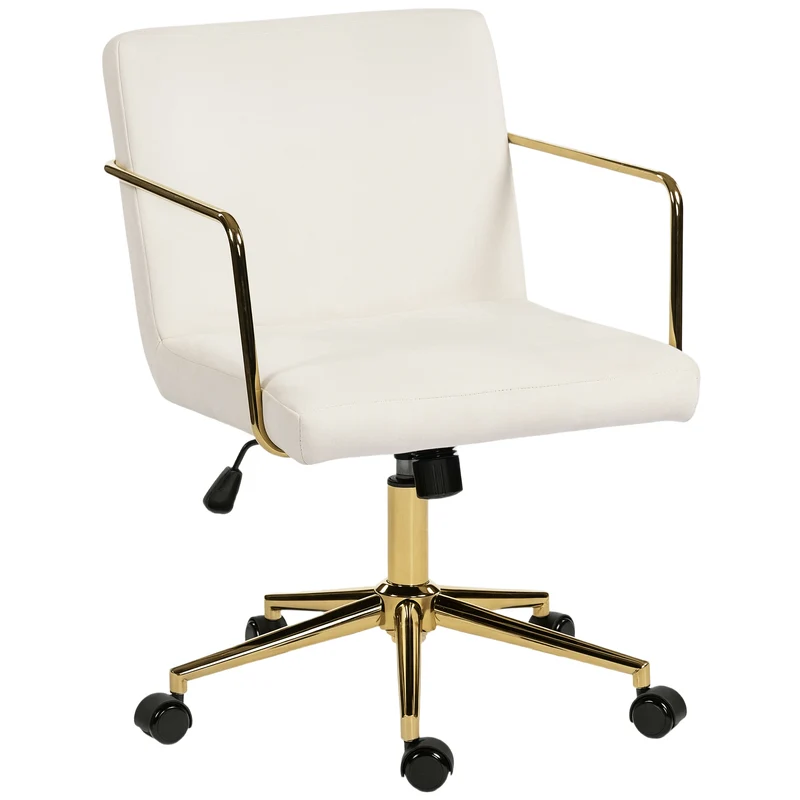 Cadeira de escritório com rodas e detalhes dourados, cadeira de computador com base metálica, revestimento em tecido com efeito veludo, creme branco