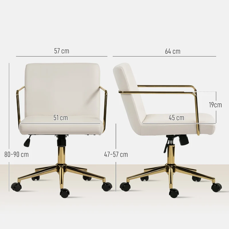 Cadeira de escritório com rodas e detalhes dourados, cadeira de computador com base metálica, revestimento em tecido com efeito veludo, creme branco