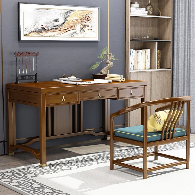 Traditional Chinese Solid Rubber Wood Brass Rectangular Vertical Beam Desk & Chair Set 3-Drawer For Home Office