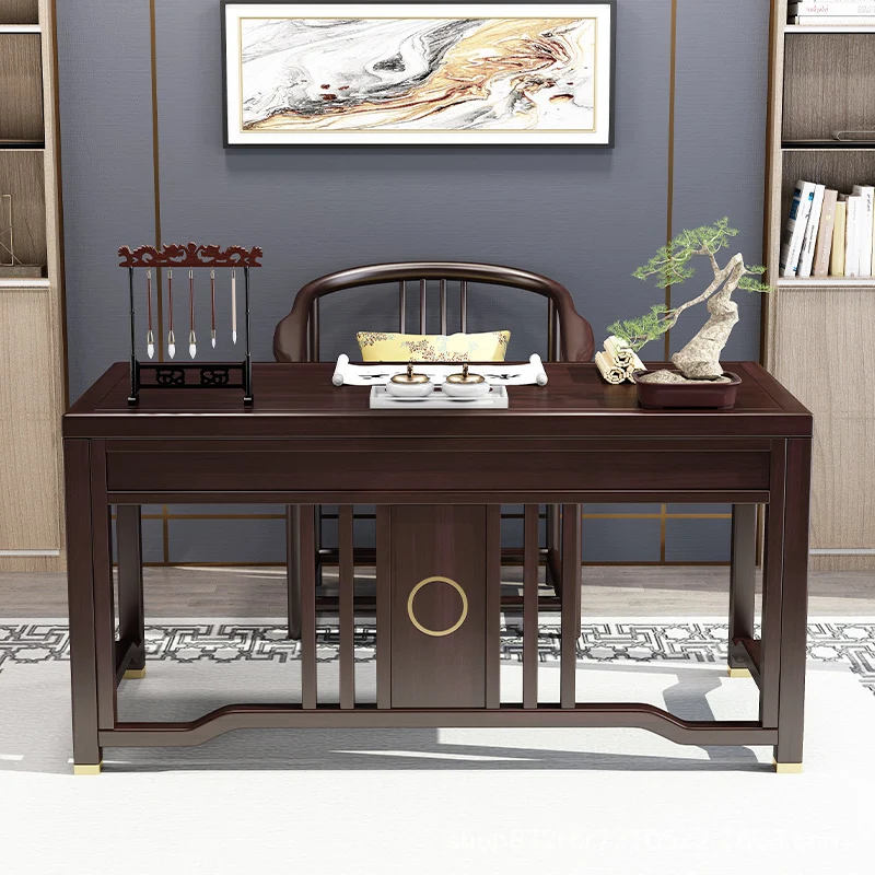 Traditional Chinese Solid Rubber Wood Brass Rectangular Vertical Beam Desk & Chair Set 3-Drawer For Home Office