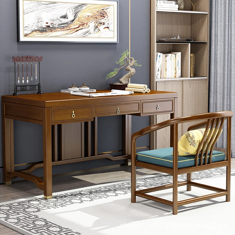 Traditional Chinese Solid Rubber Wood Brass Rectangular Vertical Beam Desk & Chair Set 3-Drawer For Home Office
