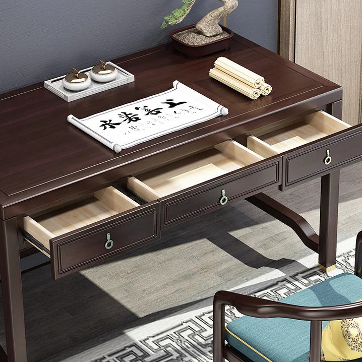 Traditional Chinese Solid Rubber Wood Brass Rectangular Vertical Beam Desk & Chair Set 3-Drawer For Home Office