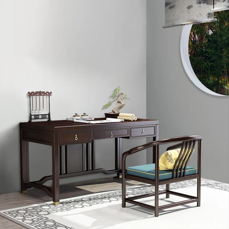 Traditional Chinese Solid Rubber Wood Brass Rectangular Vertical Beam Desk & Chair Set 3-Drawer For Home Office