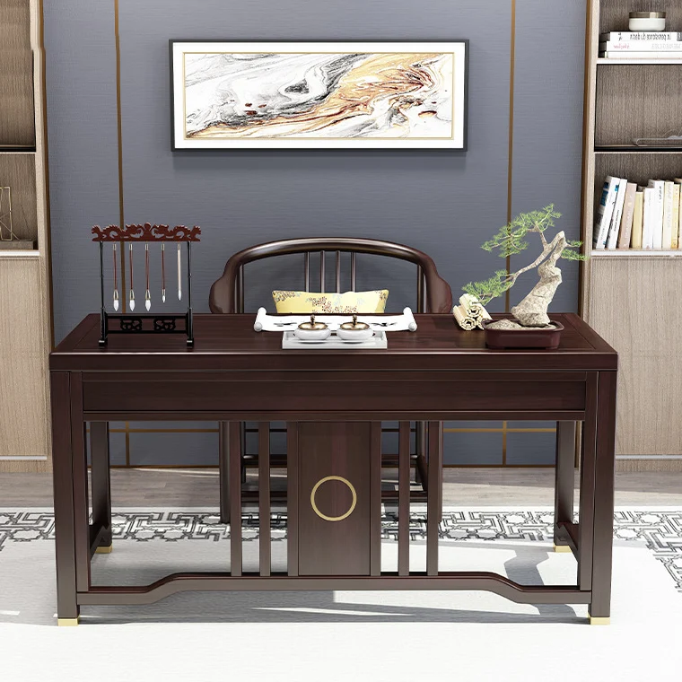 Traditional Chinese Solid Rubber Wood Brass Rectangular Vertical Beam Desk & Chair Set 3-Drawer For Home Office