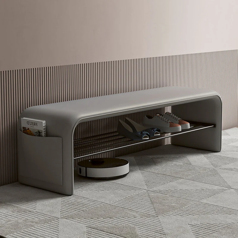Modern Simplicity Eco-friendly Synthetic Leather Carbon Steel Rectangular Shoe Shelf Bench 2-Tier Storage For Entryway